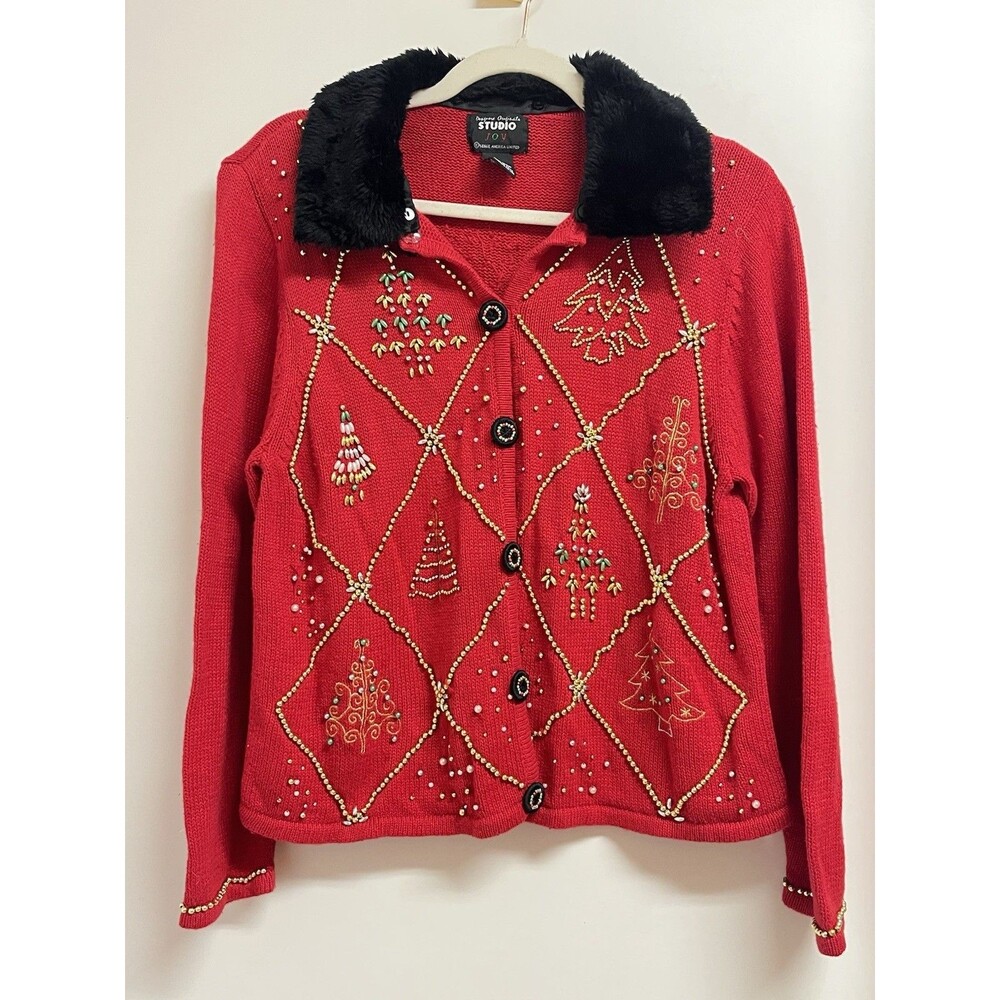 Vintage 90s Ugly Christmas Sweater Cardigan Fur Collar Beaded Small Studio Joy